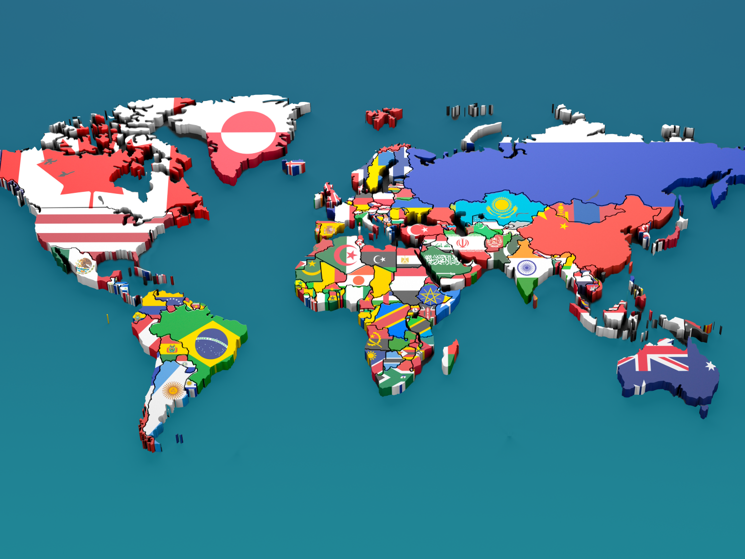 Darstellung Weltkarte mit Flaggen auf petrolfarbenem Untergrund