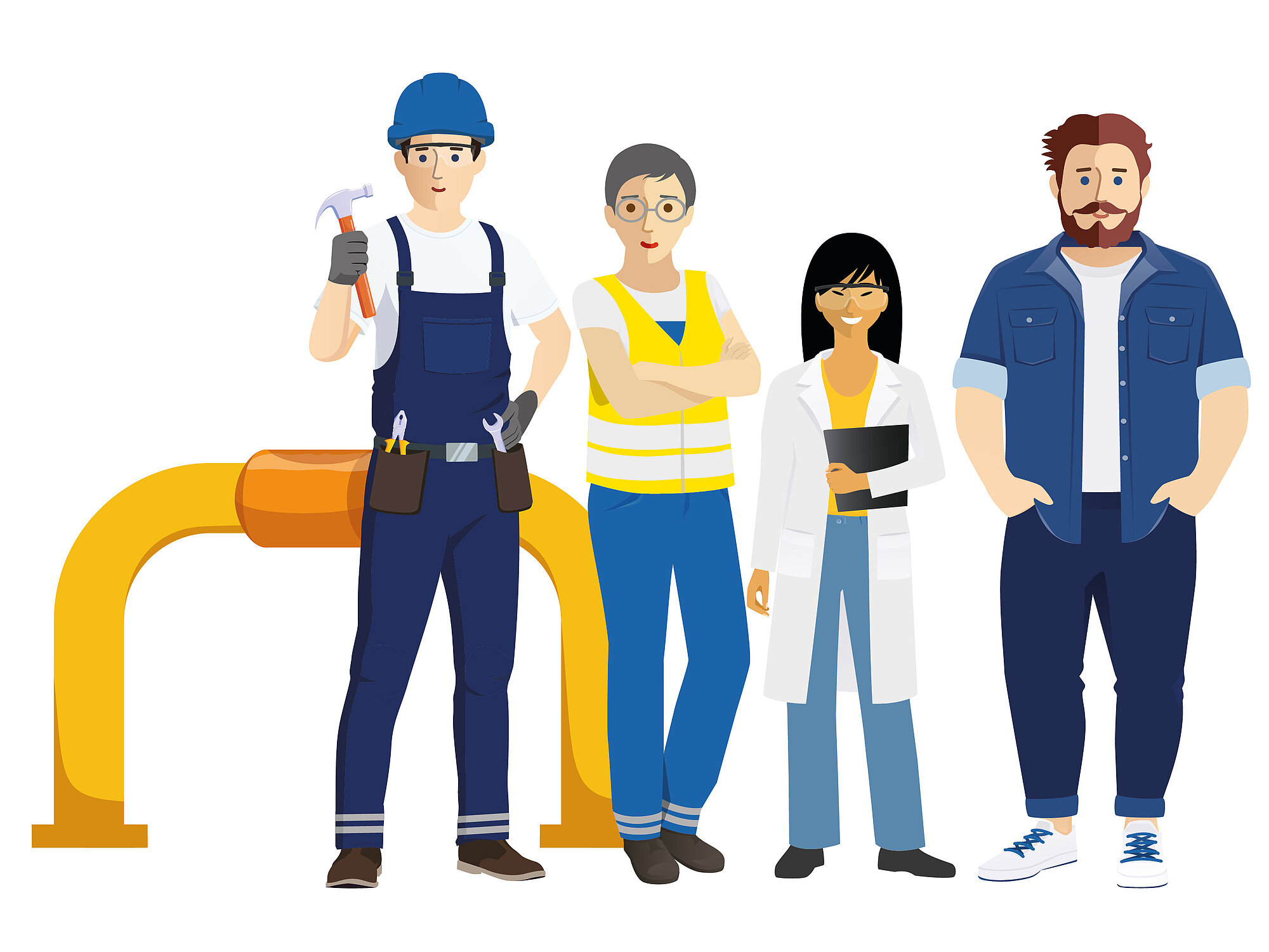Career opportunities for young and experienced professionals Illustration with four employees from the office and production